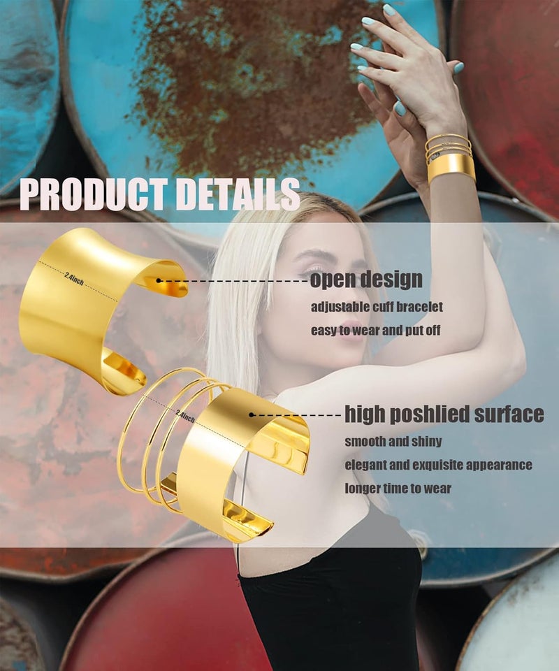 BOMAIL Store 2 Pcs Cuff Bangle Bracelet Set for Women Open Wide Wire Bracelets Gold Wrist Cuff Wrap Bracelet Adjustable - Image 3